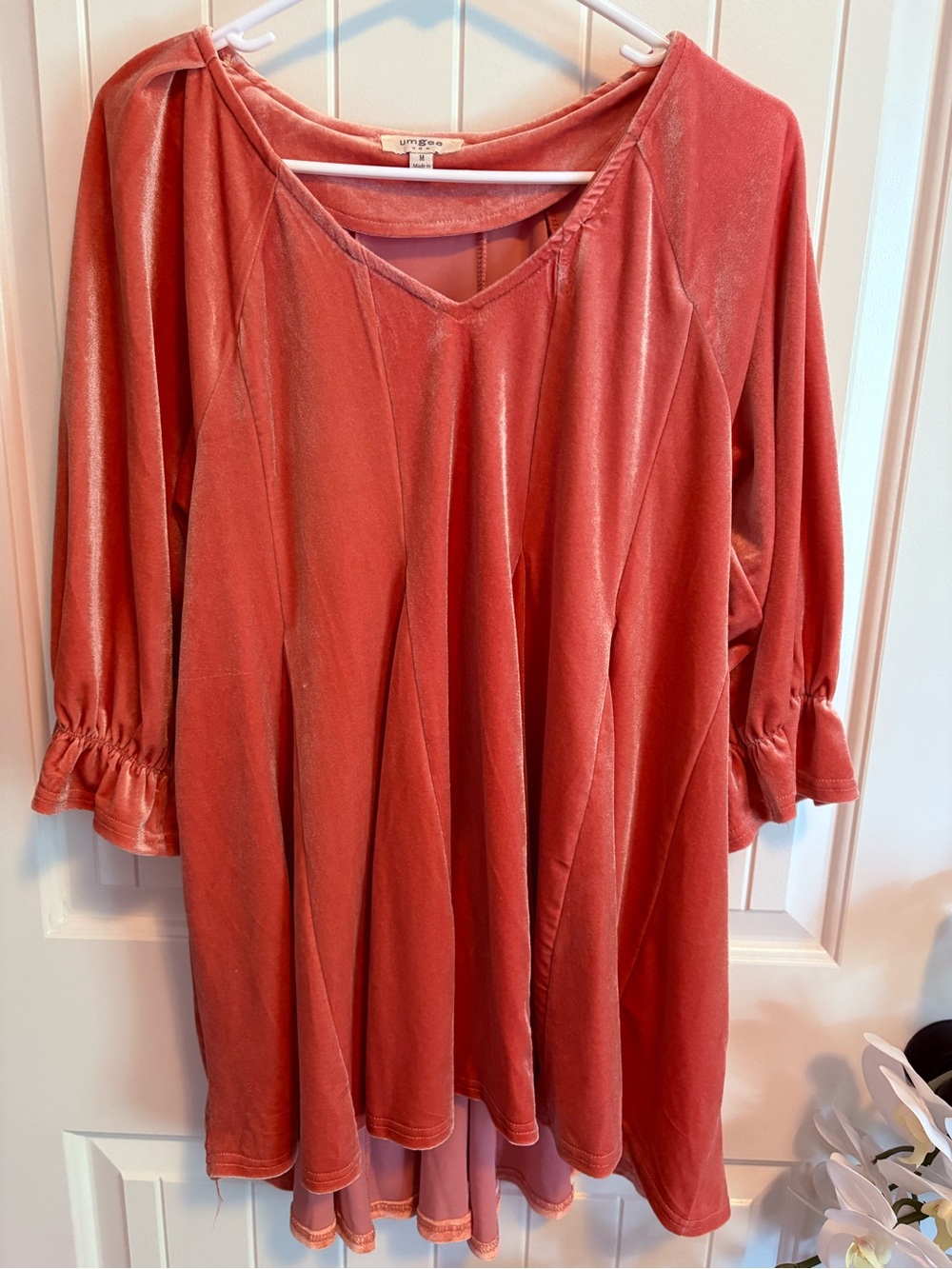 Umgee Rose Pink Velvet High Low Tunic Top Ruffle Sleeve M